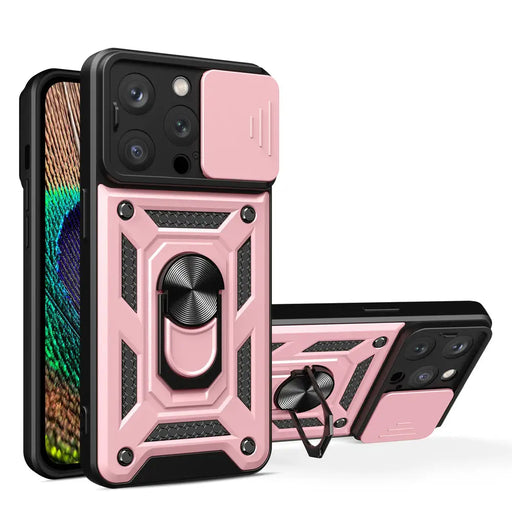 iPhone 15 Pro Max Hybrid Armor Camshield Case with Kickstand and Camera Cover - Pink - Cell phone cases