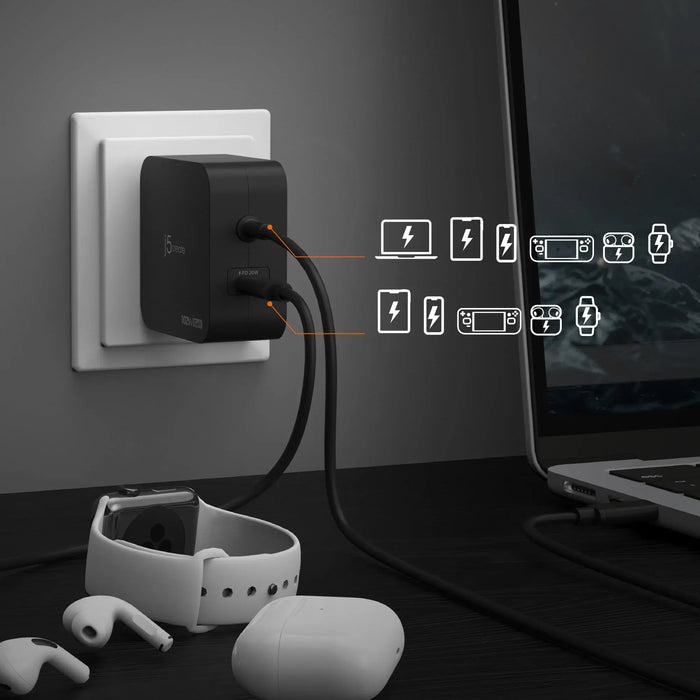 j5create JUP25102V Charger 220V- GaN 102W USB-C 2 ports- for laptops, tablets, phones