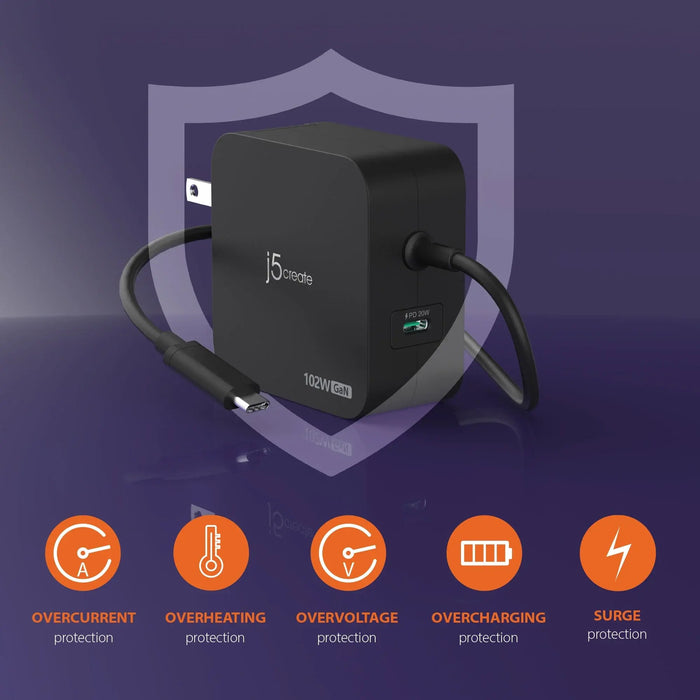 j5create JUP25102V Charger 220V- GaN 102W USB-C 2 ports- for laptops, tablets, phones