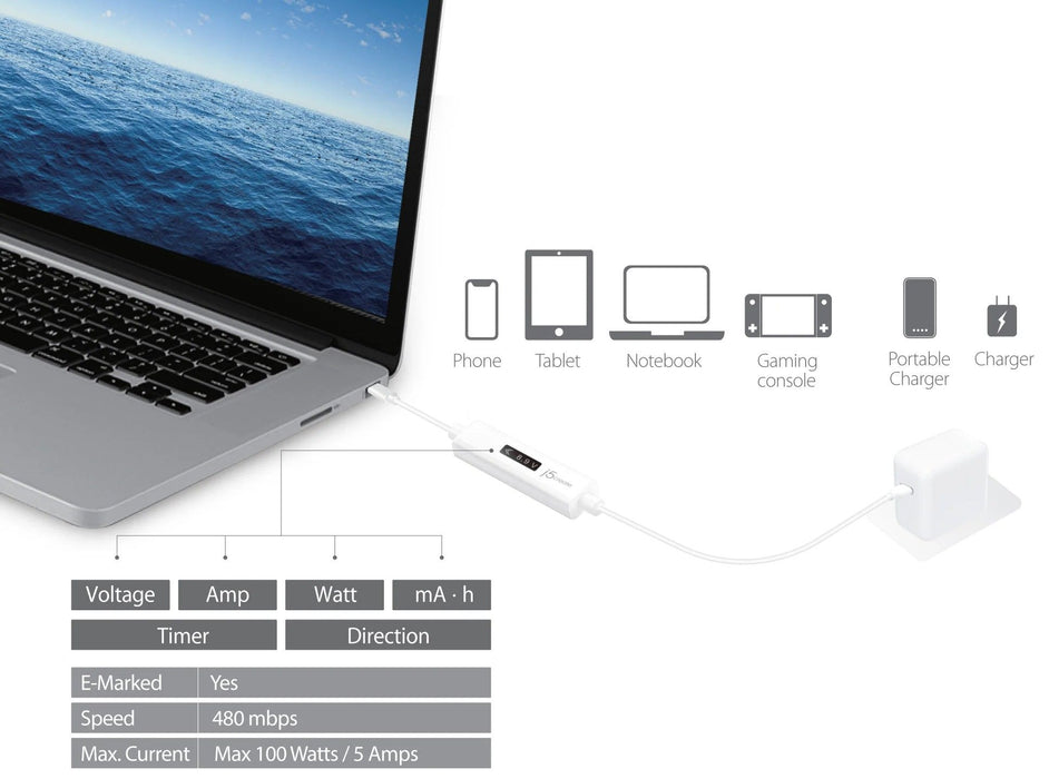 j5create JUCP14 Charging Cable, Power Meter, USB-C
