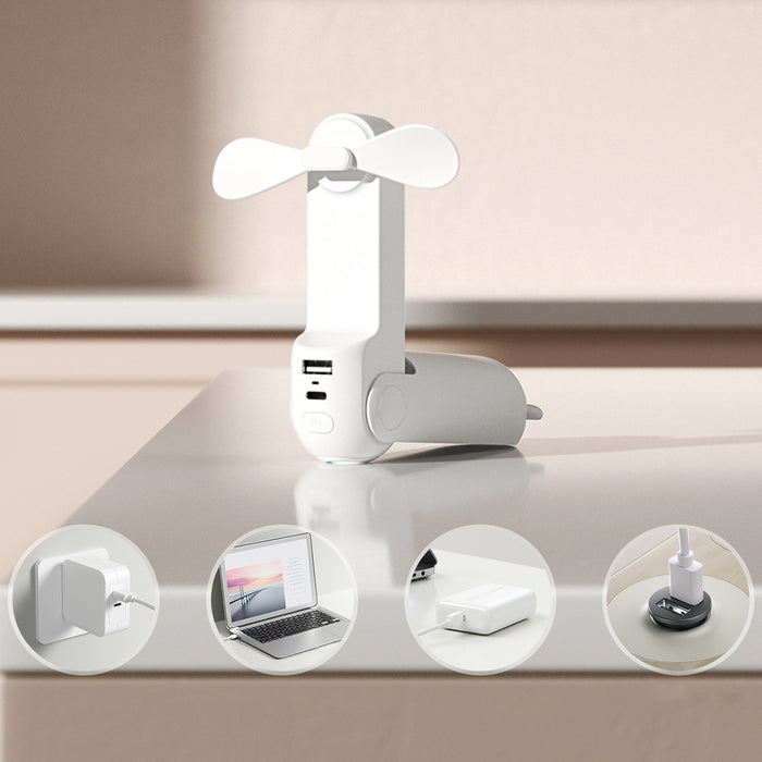 Jisulife Handheld Fan Life8 Mini Portable USB Fan with 2000mAh Power Bank and Flashlight - White