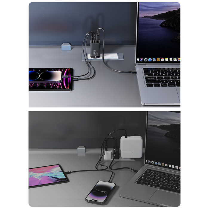 Joyroom fast GaN charger 65W USB-A 2x USB-C black + USB-C - USB-C cable 100W 1.2m (TCG01) - Cell phone USB
