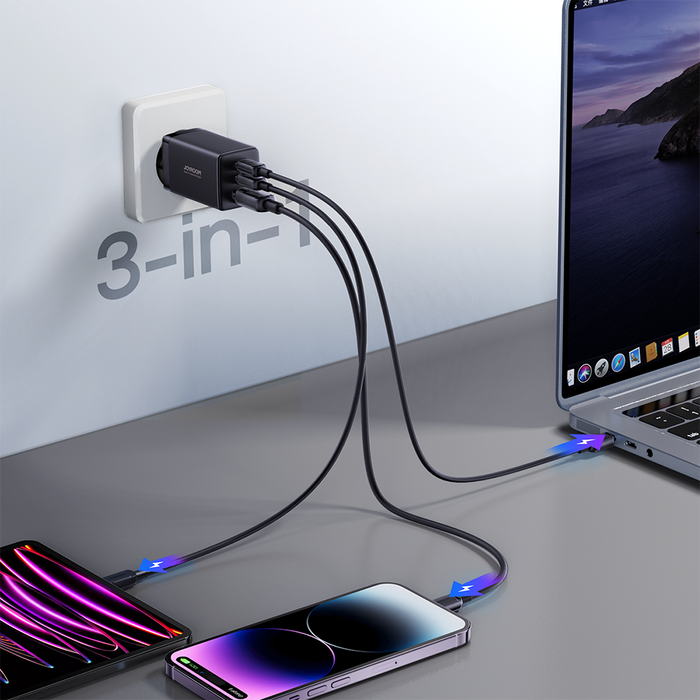 Joyroom fast GaN charger 65W USB-A 2x USB-C black + USB-C - USB-C cable 100W 1.2m (TCG01) - Cell phone USB
