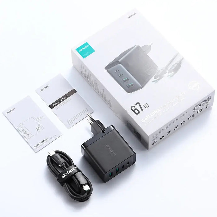 Joyroom GaN charger 67W 4 ports (2x USB 2x USB C) black (TCG02) + USB C - USB C cable 100W 1.2m - Travel