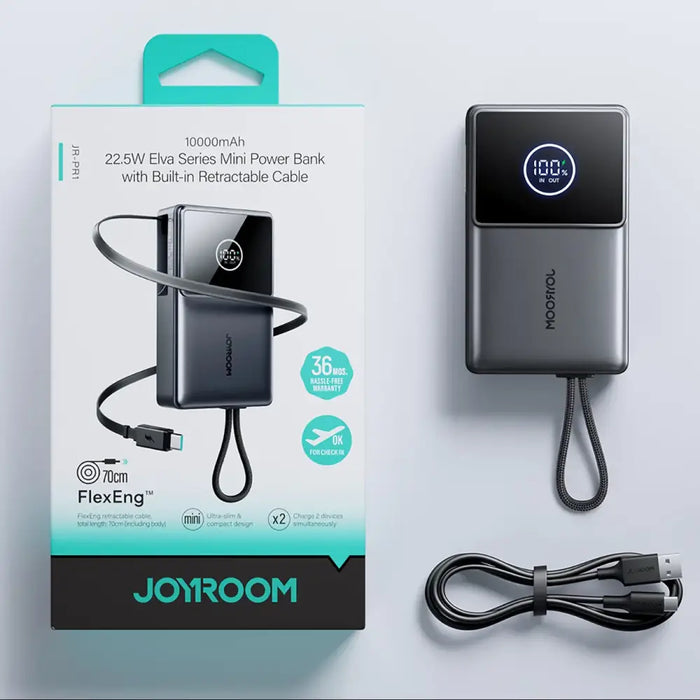 Joyroom JR-PR1 10000mAh 22.5W Powerbank with Built-in Retractable USB-C Cable - Black - Powerbanks<<<HurtelXML
