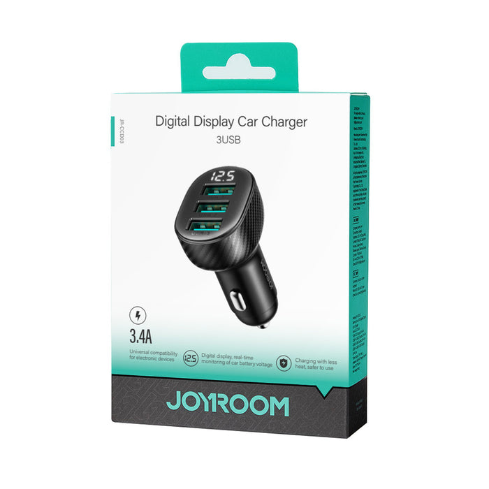 Joyroom JR-CCD03 3.4A Car Charger with Display 3x USB-A - Black