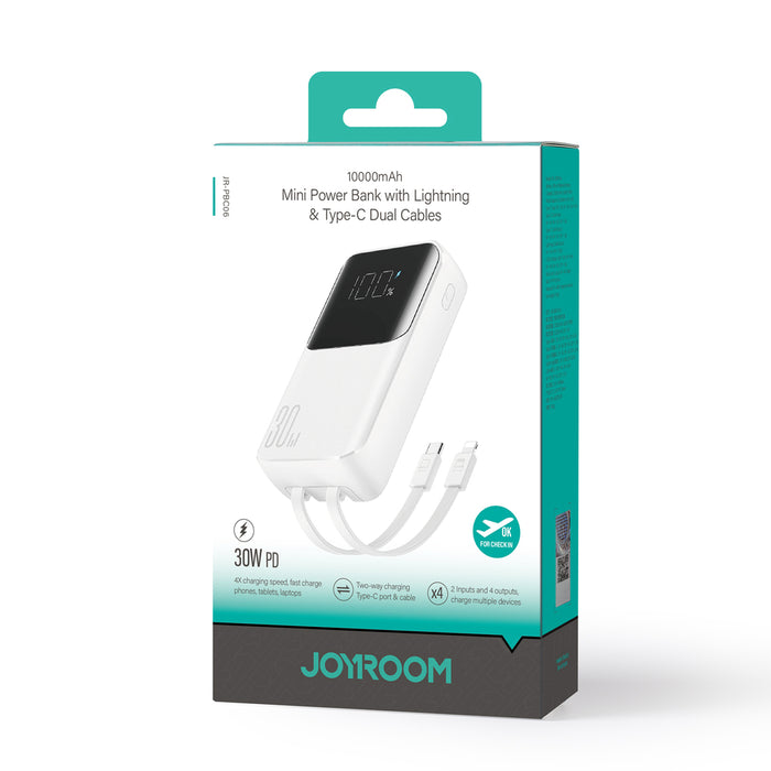 Mini power bank with built-in cables Joyroom JR-PBC06 30W 10000mAh - white