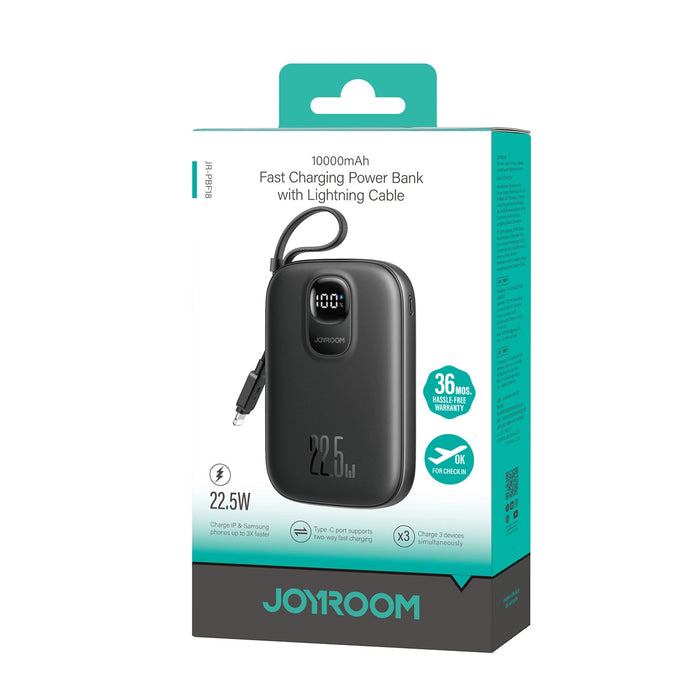 Joyroom JR-PBF18 22.5W 10000mAh Powerbank with Built-in Lightning Cable + USB-C Cable 0.25 cm - Black