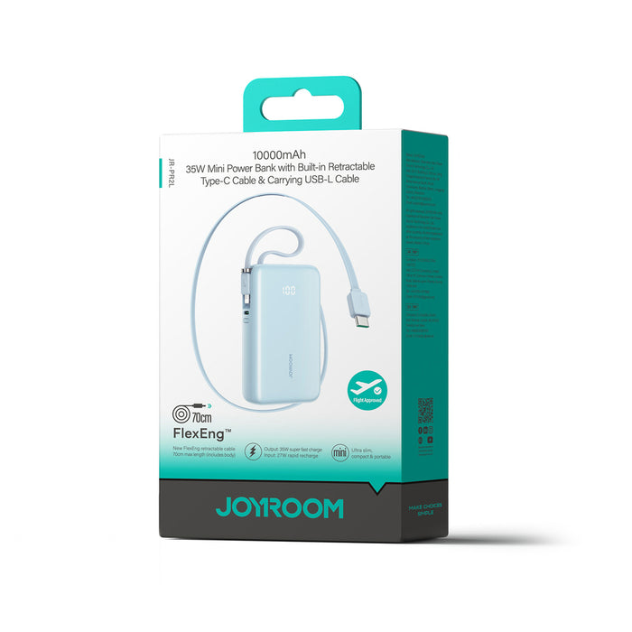 Joyroom JR-PR2L 10000mAh 35W Power Bank with Built-in Retractable USB-C Cable and Lightning Lanyard Cable - Blue