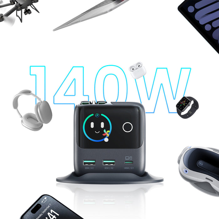 Joyroom Podix JR-TRD01 GaN 140W Desktop Charger with 5 Ports and Dual Retractable Cables - Gray