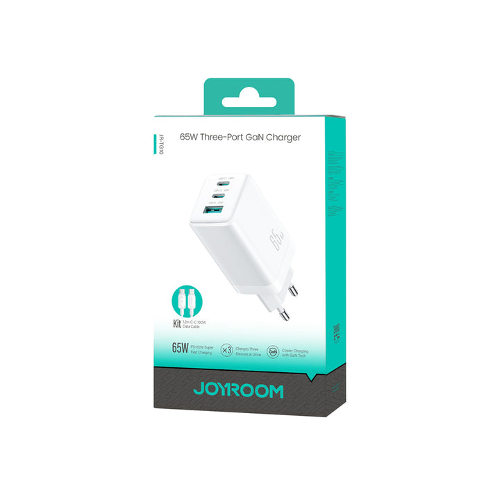 Joyroom JR-TG10 65W GaN 2x USB-C + USB-A wall charger with 65W USB-C - USB-C 1.2m cable - white