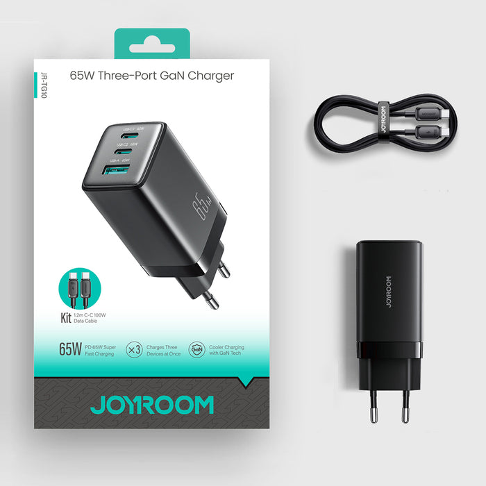Joyroom JR-TG10 65W GaN 2x USB-C + USB-A wall charger with 100W USB-C - USB-C 1.2m cable - black