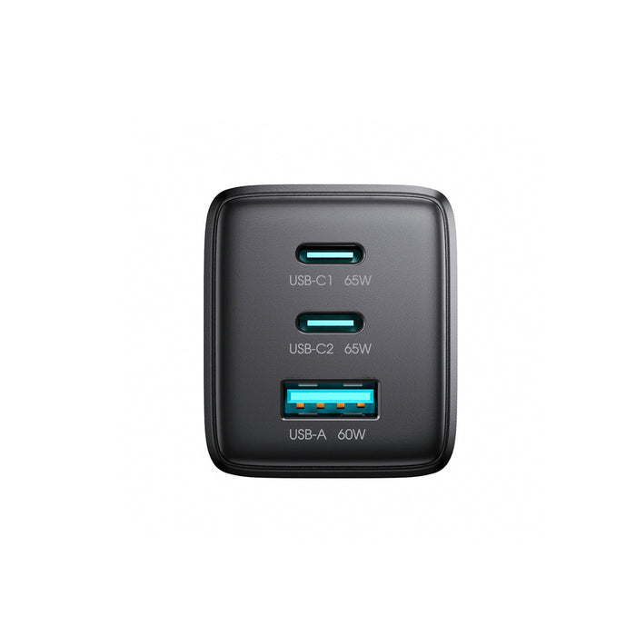 Joyroom JR-TG10 65W GaN 2x USB-C + USB-A wall charger with 100W USB-C - USB-C 1.2m cable - black