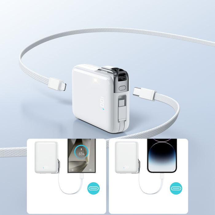 Joyroom JR-PBF27 Pro 10000mAh 30W Power Bank with Built-in USB-C Cable and Additional Bidirectional USB-C to Lightning Cable - White