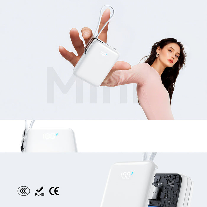 Joyroom JR-PBF27 Pro 10000mAh 30W Power Bank with Built-in USB-C Cable and Additional Bidirectional USB-C to Lightning Cable - White