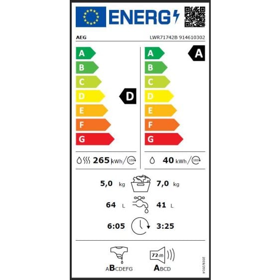 Washing machine with dryer AEG LWR71742B, 7/5 kg, ProSteam®, 1400 rpm.