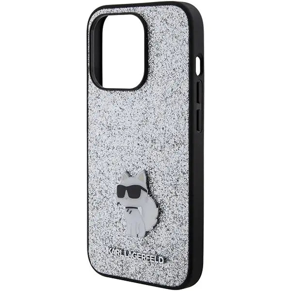 Karl Lagerfeld Fixed Glitter Choupette Logo Metal Pin Case for iPhone 15 Pro - Silver - Cell phone cases