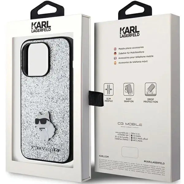 Karl Lagerfeld Fixed Glitter Choupette Logo Metal Pin Case for iPhone 15 Pro - Silver - Cell phone cases