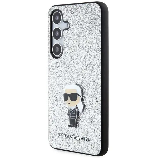 Karl Lagerfeld Fixed Glitter Ikonik Logo Metal Pin Case for Samsung Galaxy S24 - Silver - Cell phone cases