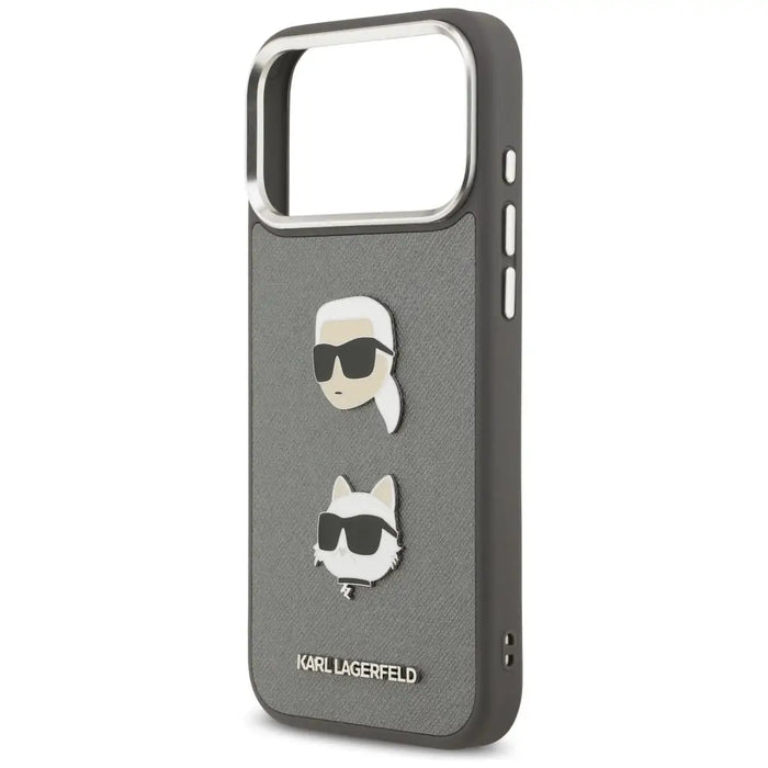Karl Lagerfeld FW Grained Karl & Choupette Heads Pins & Logo iPhone 17 Pro Max Case - Gray - Cell phone cases