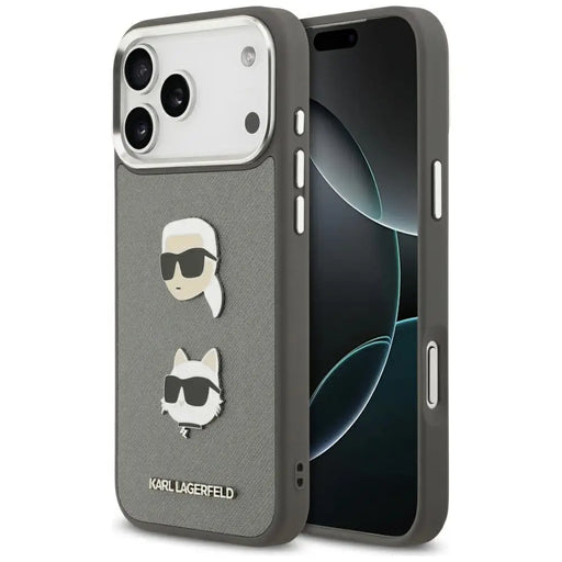 Karl Lagerfeld FW Grained Karl & Choupette Heads Pins & Logo iPhone 17 Pro Max Case - Gray - Cell phone cases