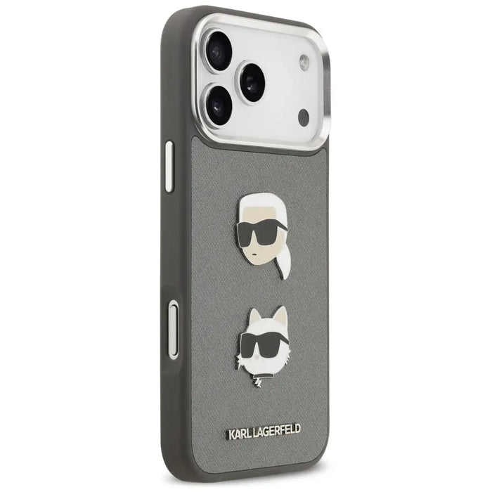 Karl Lagerfeld FW Grained Karl & Choupette Heads Pins & Logo iPhone 17 Pro Max Case - Gray - Cell phone cases