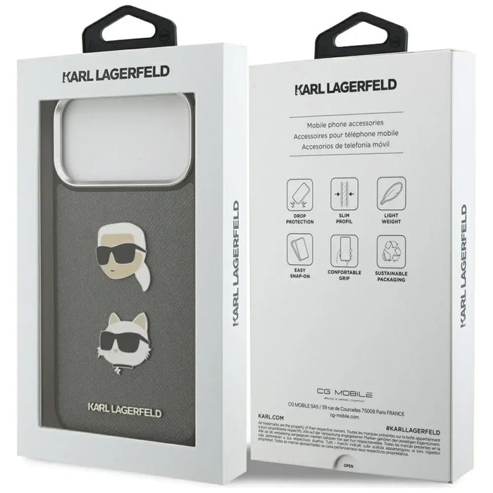 Karl Lagerfeld FW Grained Karl & Choupette Heads Pins & Logo iPhone 17 Pro Max Case - Gray - Cell phone cases