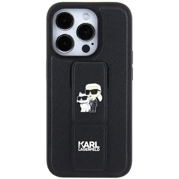 Karl Lagerfeld Gripstand Saffiano Karl&Choupette Pins case for iPhone 14 Pro Max - black - Cell phone cases