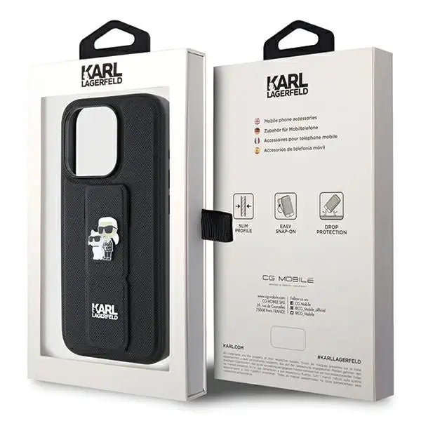 Karl Lagerfeld Gripstand Saffiano Karl&Choupette Pins case for iPhone 14 Pro Max - black - Cell phone cases