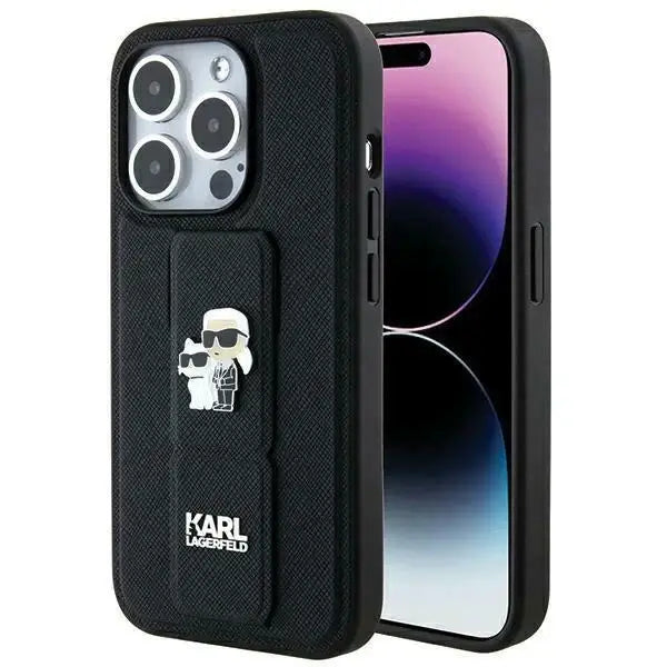 Karl Lagerfeld Gripstand Saffiano Karl&Choupette Pins case for iPhone 14 Pro Max - black - Cell phone cases