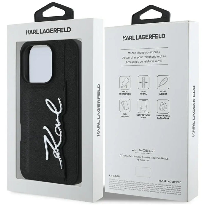 Karl Lagerfeld HC Grained PU Cardslot Metal Signature iPhone 16 Pro Max Case - Black - Cell phone cases