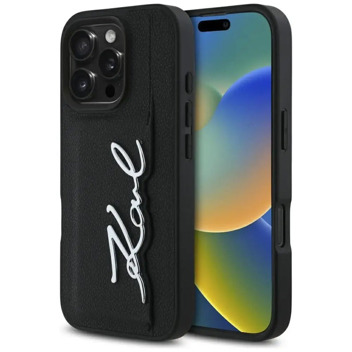 Karl Lagerfeld HC Grained PU Cardslot Metal Signature iPhone 16 Pro Max Case - Black - Cell phone cases