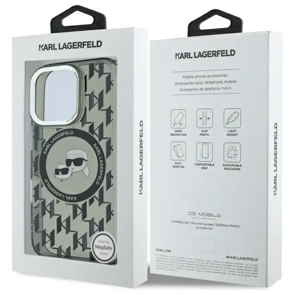 Karl Lagerfeld IML Monogram Karl & Choupette Head MagSafe Case for iPhone 16 Pro Max - Black - Cell phone cases