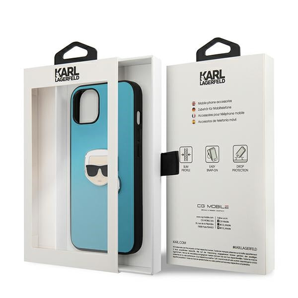 Karl Lagerfeld Leather Ikonik Karl’s Head Metal Case for iPhone 13 mini - Blue - Cell phone cases and covers<<<HurtelXML