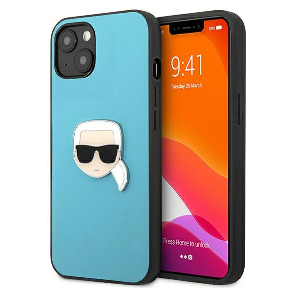 Karl Lagerfeld Leather Ikonik Karl’s Head Metal Case for iPhone 13 mini - Blue - Cell phone cases and covers<<<HurtelXML