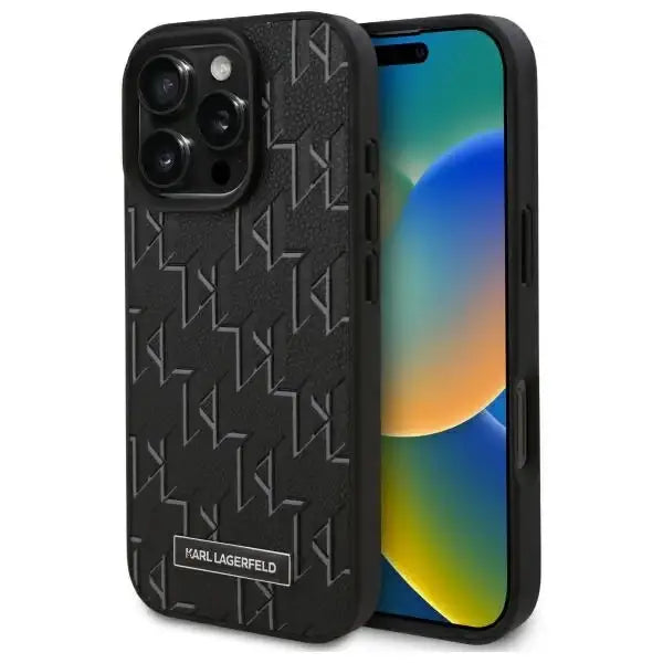 Karl Lagerfeld Leather Monogram Metal Logo MagSafe iPhone 16 Pro Case - Black - Cell phone cases and covers<<<HurtelXML