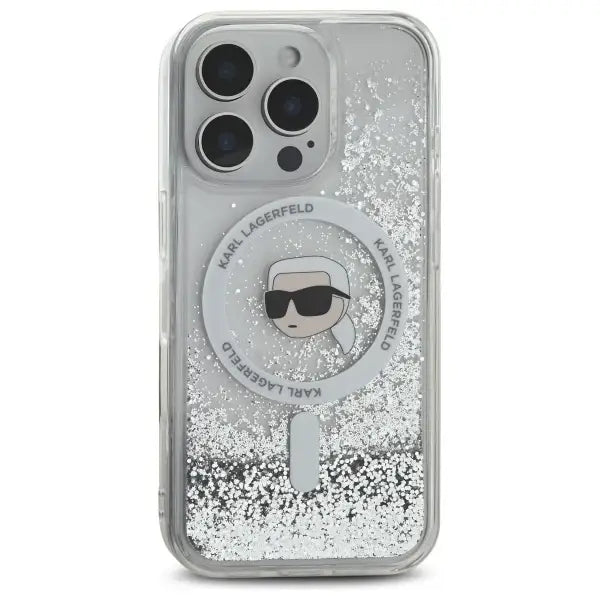 Karl Lagerfeld Liquid Glitter Karl Head Magsafe Case for iPhone 16 Pro Max - Clear - Cell phone cases