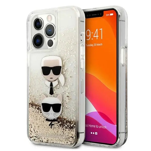 Karl Lagerfeld Liquid Glitter Karl&Choupette Head Case for iPhone 13 Pro Max 6.7’’ - Gold - Cell phone cases