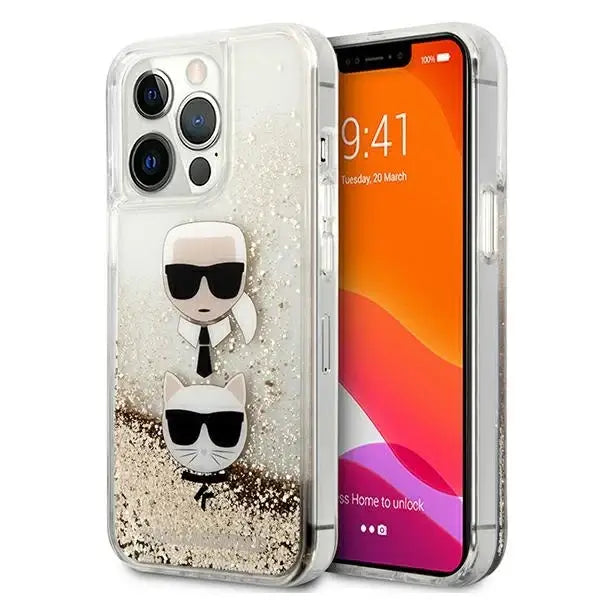 Karl Lagerfeld Liquid Glitter Karl&Choupette Head Case for iPhone 13 Pro Max 6.7’’ - Gold - Cell phone cases