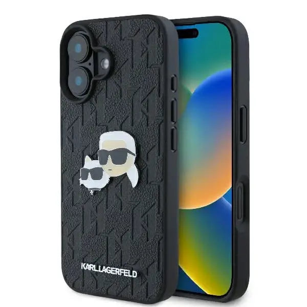 Karl Lagerfeld Monogram Karl & Choupette Head Pin iPhone 16 Plus Case - Black - Cell phone cases and covers<<<HurtelXML