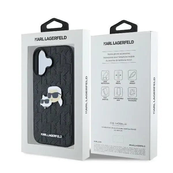 Karl Lagerfeld Monogram Karl & Choupette Head Pin iPhone 16 Plus Case - Black - Cell phone cases and covers<<<HurtelXML