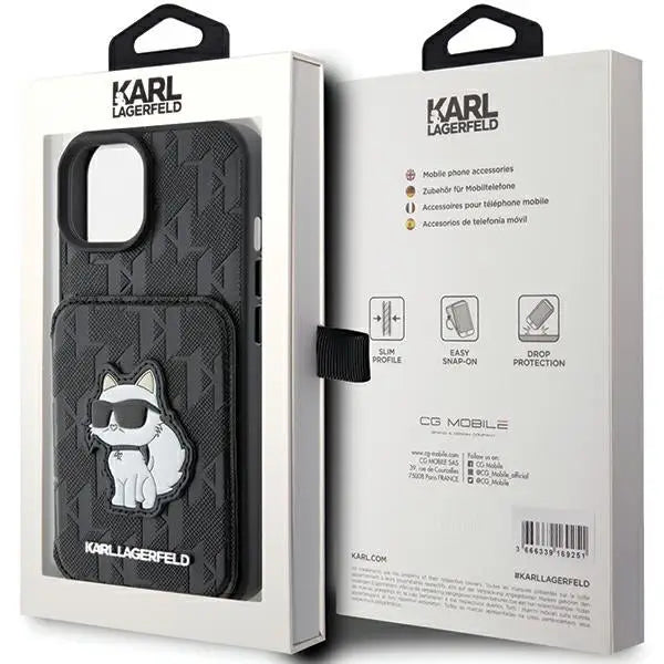 Karl Lagerfeld Saffiano Cardslots and Stand Monogram Choupette case for iPhone 15 - black - Cell phone cases