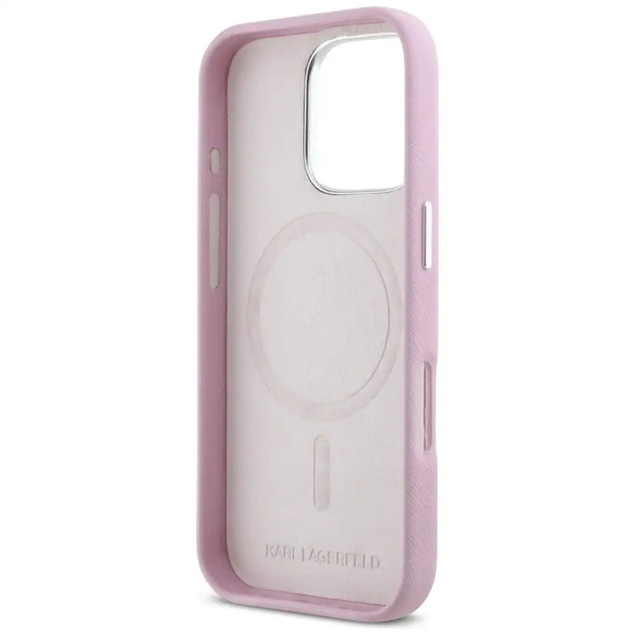 Karl Lagerfeld Saffiano Full Wrapped Elongated Metal Logo MagSafe iPhone 16 Pro Case - Pink - Cell phone cases