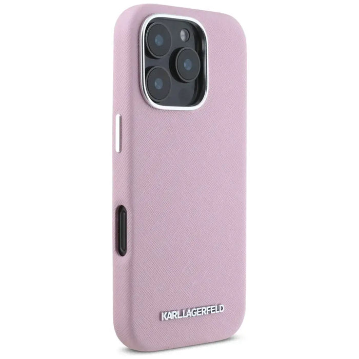 Karl Lagerfeld Saffiano Full Wrapped Elongated Metal Logo MagSafe iPhone 16 Pro Case - Pink - Cell phone cases