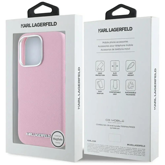 Karl Lagerfeld Saffiano Full Wrapped Elongated Metal Logo MagSafe iPhone 16 Pro Case - Pink - Cell phone cases