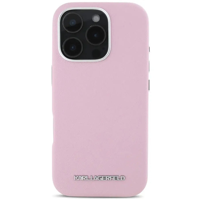 Karl Lagerfeld Saffiano Full Wrapped Elongated Metal Logo MagSafe iPhone 16 Pro Case - Pink - Cell phone cases
