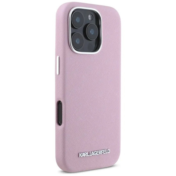 Karl Lagerfeld Saffiano Full Wrapped Elongated Metal Logo MagSafe iPhone 16 Pro Max Case - Pink - Cell phone cases