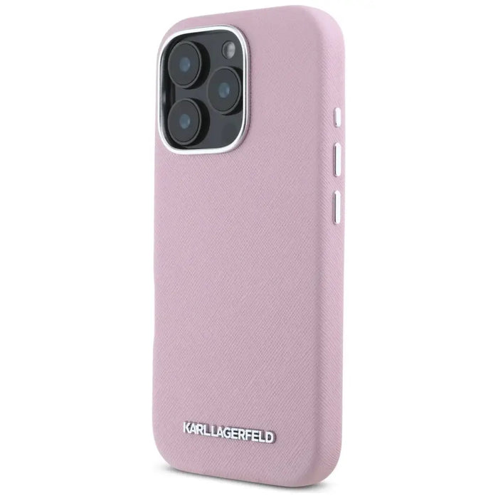 Karl Lagerfeld Saffiano Full Wrapped Elongated Metal Logo MagSafe iPhone 16 Pro Case - Pink - Cell phone cases