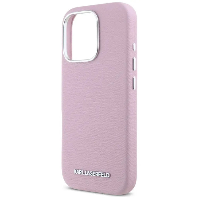 Karl Lagerfeld Saffiano Full Wrapped Elongated Metal Logo MagSafe iPhone 16 Pro Case - Pink - Cell phone cases