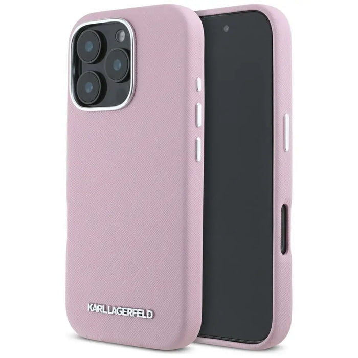 Karl Lagerfeld Saffiano Full Wrapped Elongated Metal Logo MagSafe iPhone 16 Pro Max Case - Pink - Cell phone cases
